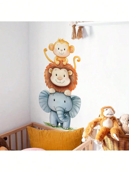 1pc Watercolor Cute Animal Wall Sticker- Elephant And Monkey Design- PVC Self-Adhesive Mural- Suitable For Game Room/Kids Room Decor, Living Room, Door, Kindergarten, Classroom, Home Decor & Gift