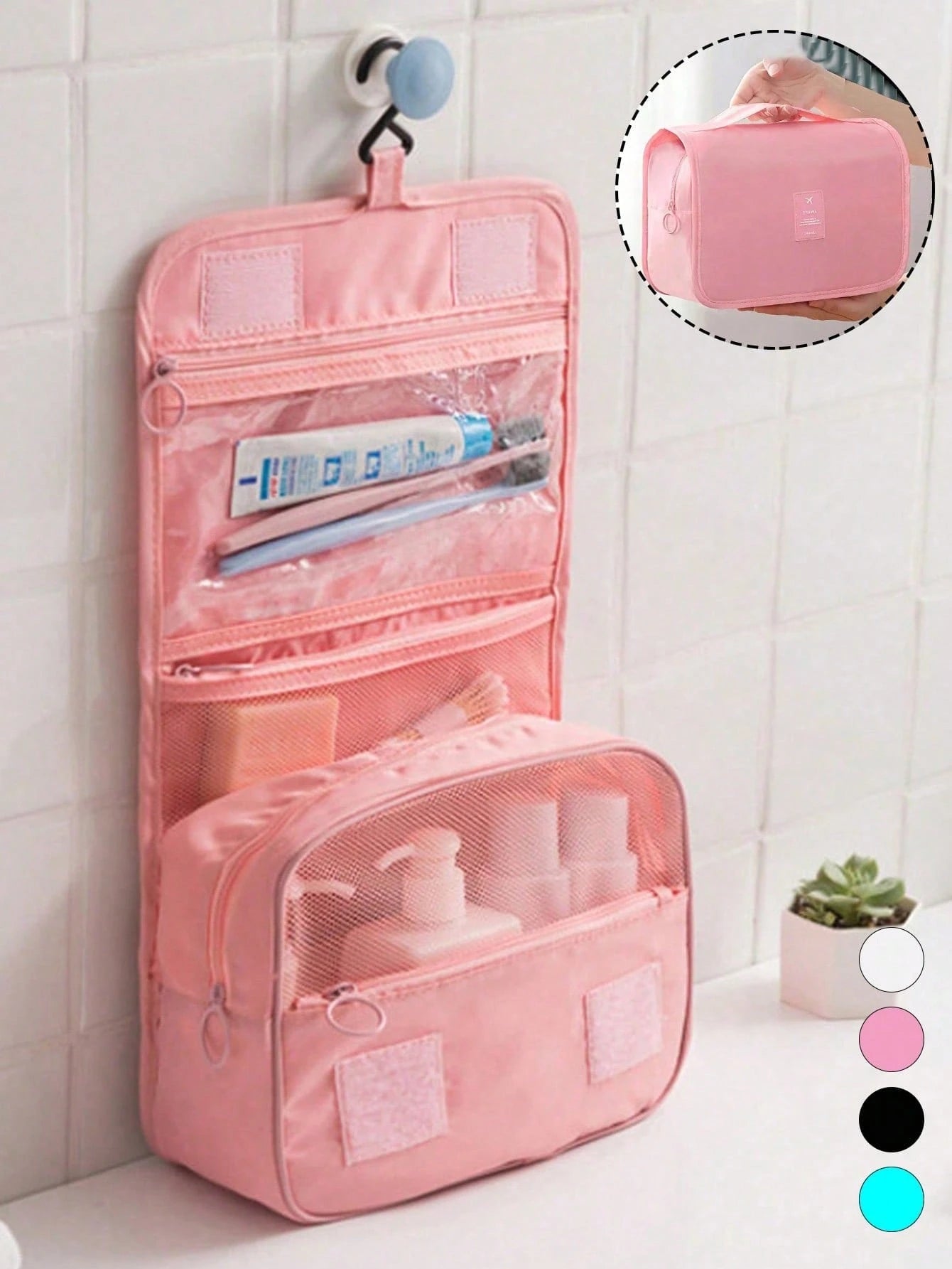 1pc Waterproof Hanging Cosmetic Bag, Double-Layer Travel Makeup Bag, Large Capacity Toiletry Bag, Women's Makeup Organizer With Built-In Hook, PVC Clear Compartment, Waterproof And Dustproof, Suitable