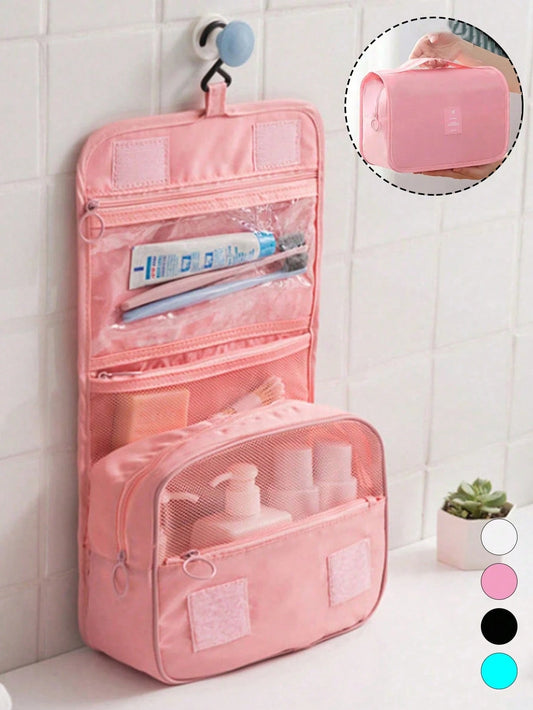 1pc Waterproof Hanging Cosmetic Bag, Double-Layer Travel Makeup Bag, Large Capacity Toiletry Bag, Women's Makeup Organizer With Built-In Hook, PVC Clear Compartment, Waterproof And Dustproof, Suitable