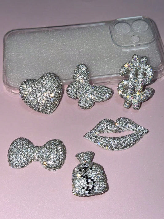 1pc White Luxury Bling Full Rhinestone Dollar Sign Money Bag Lip Bow Bear Butterfly Designer Charm Ornament Junk Phone Case Car Decorations Diy No Adhesion Rearview Mirror Car Air Outlet Accessories C