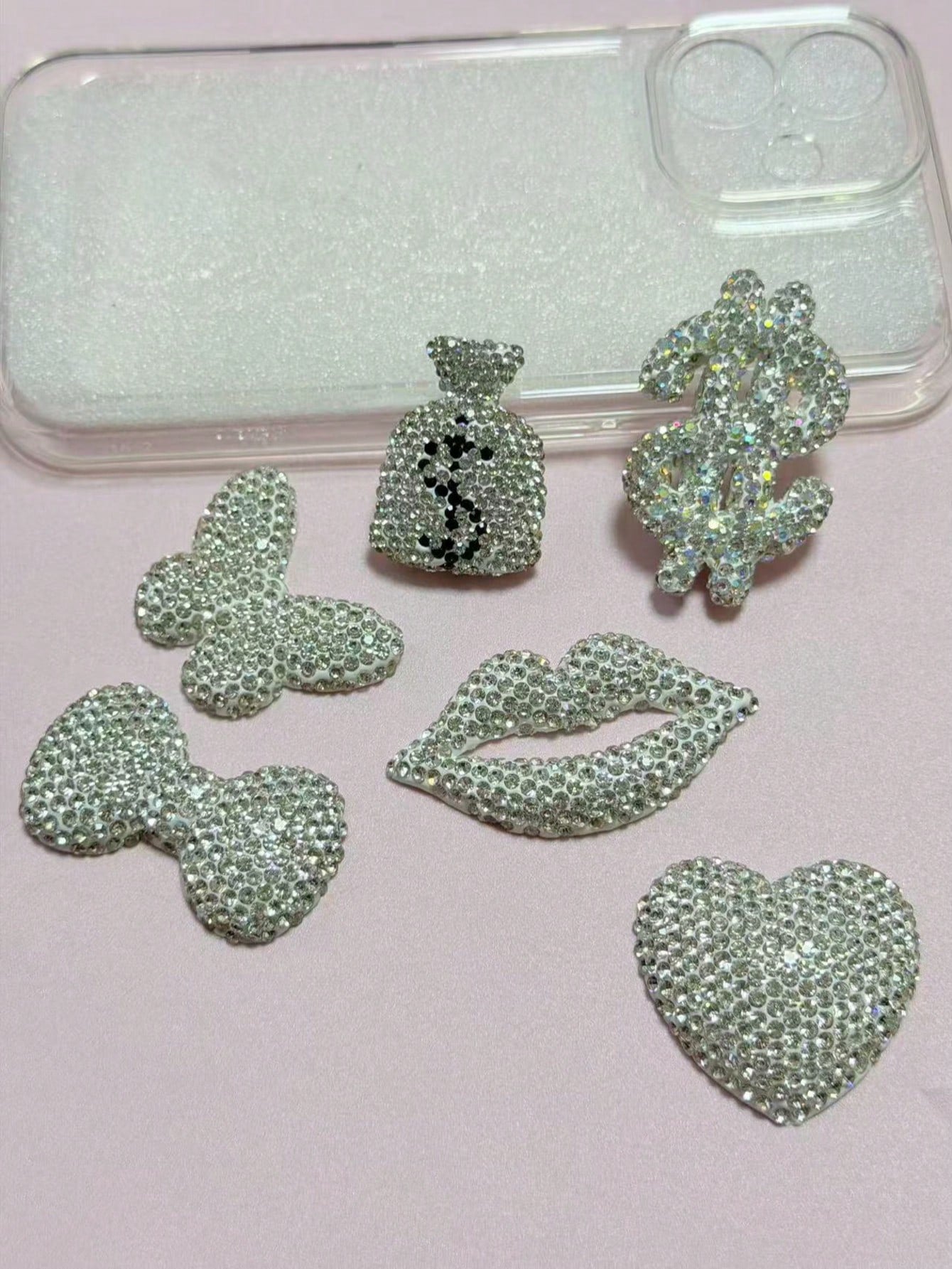 1pc White Luxury Bling Full Rhinestone Dollar Sign Money Bag Lip Bow Bear Butterfly Designer Charm Ornament Junk Phone Case Car Decorations Diy No Adhesion Rearview Mirror Car Air Outlet Accessories C