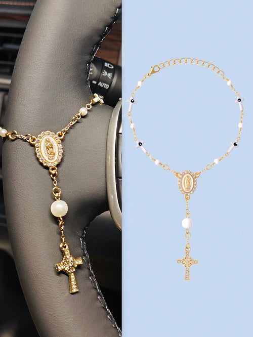 1pc White/Pink Pearl Cross Steering Wheel Rosary, Virgin Mary Evil Eye Car Charm, Catholic Car Interior Hanging Ornament, Girly Auto Decor Gift For Women
