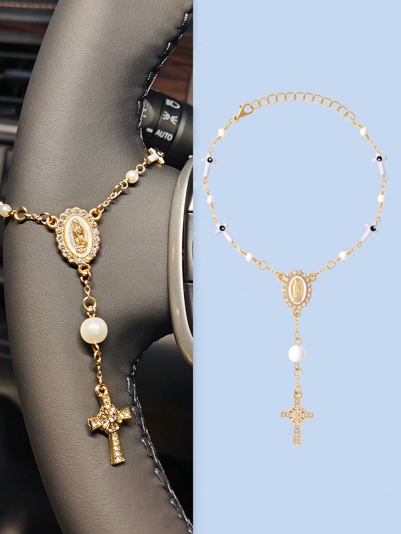1pc White/Pink Pearl Cross Steering Wheel Rosary, Virgin Mary Evil Eye Car Charm, Catholic Car Interior Hanging Ornament, Girly Auto Decor Gift For Women