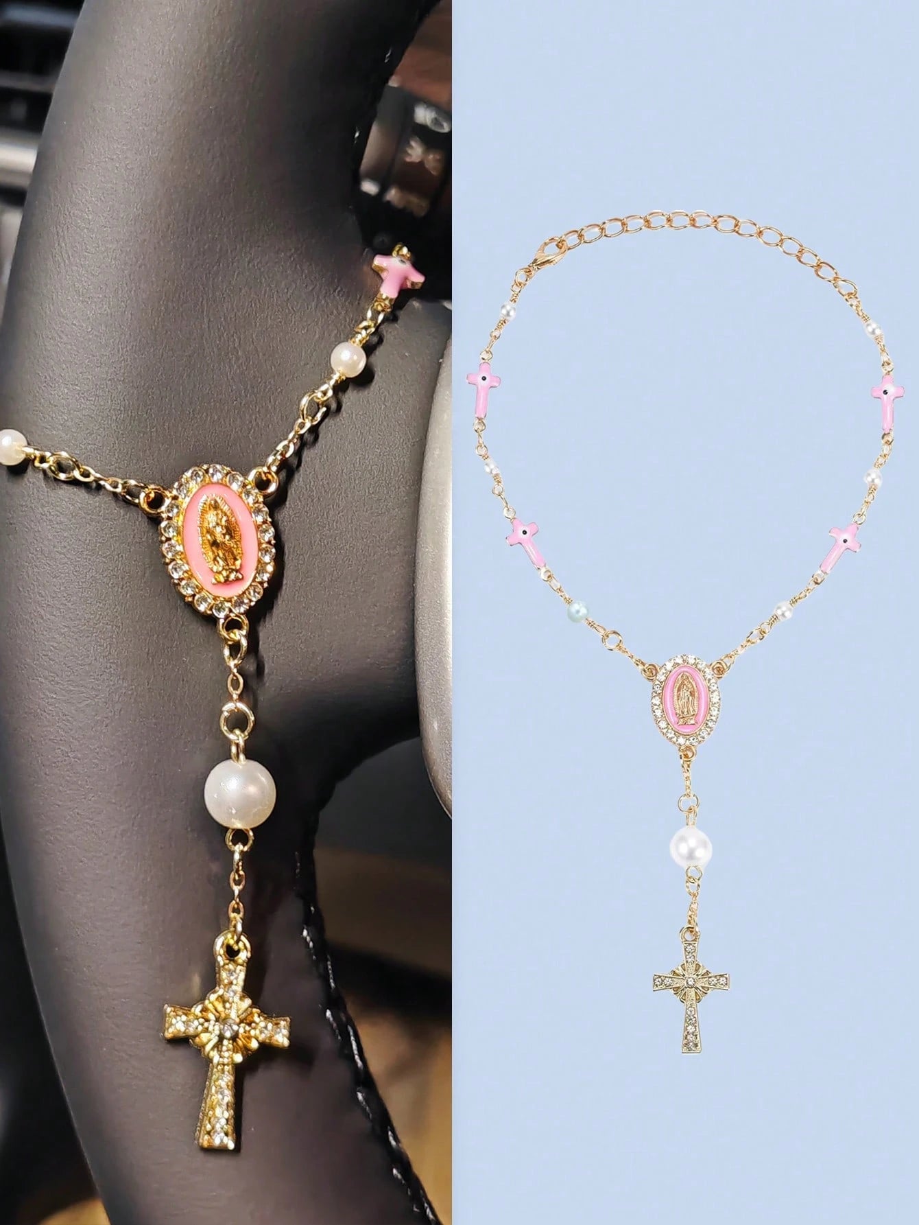 1pc White/Pink Pearl Cross Steering Wheel Rosary, Virgin Mary Evil Eye Car Charm, Catholic Car Interior Hanging Ornament, Girly Auto Decor Gift For Women