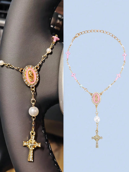 1pc White/Pink Pearl Cross Steering Wheel Rosary, Virgin Mary Evil Eye Car Charm, Catholic Car Interior Hanging Ornament, Girly Auto Decor Gift For Women