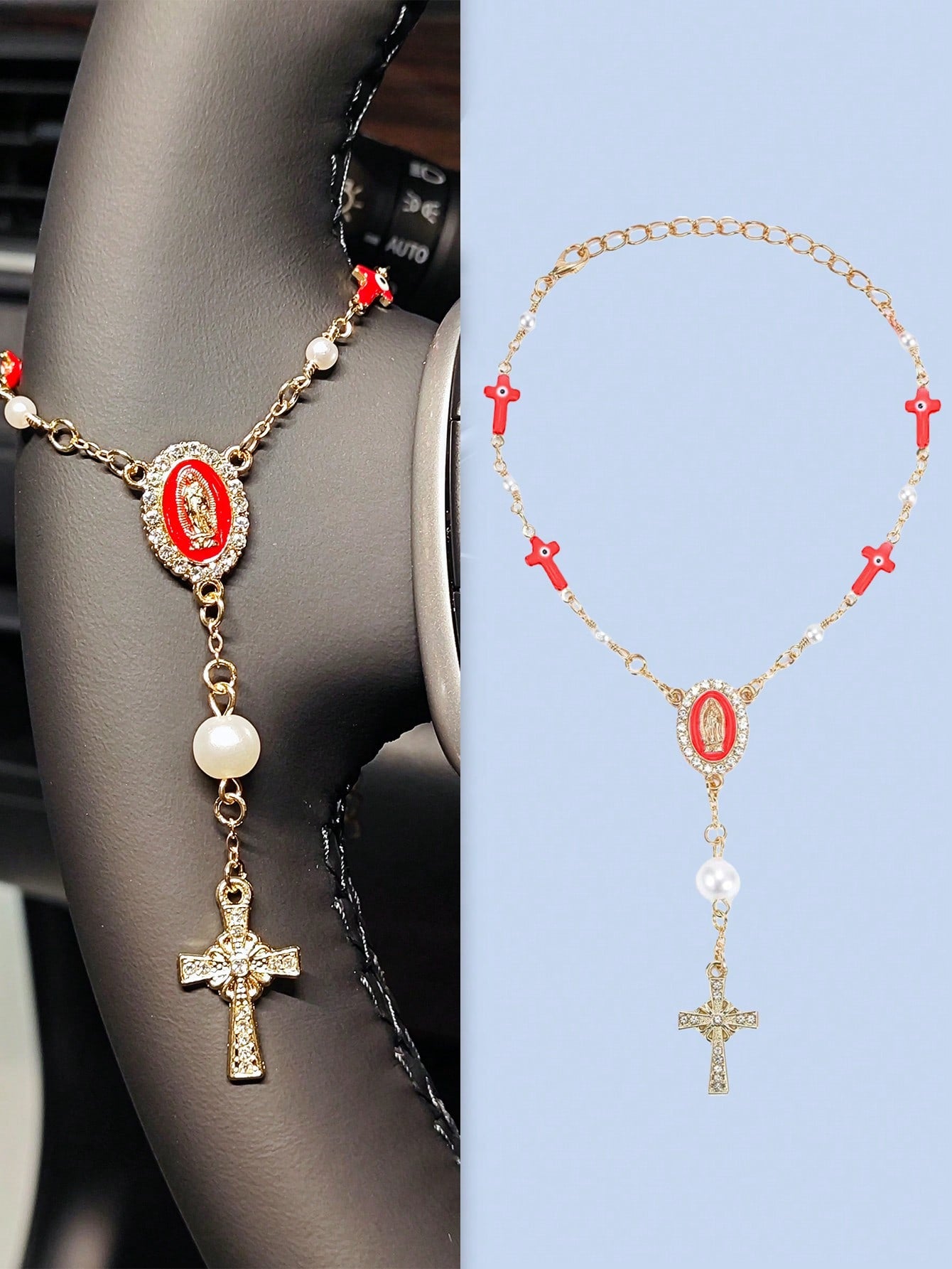 1pc White/Pink Pearl Cross Steering Wheel Rosary, Virgin Mary Evil Eye Car Charm, Catholic Car Interior Hanging Ornament, Girly Auto Decor Gift For Women