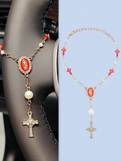 1pc White/Pink Pearl Cross Steering Wheel Rosary, Virgin Mary Evil Eye Car Charm, Catholic Car Interior Hanging Ornament, Girly Auto Decor Gift For Women