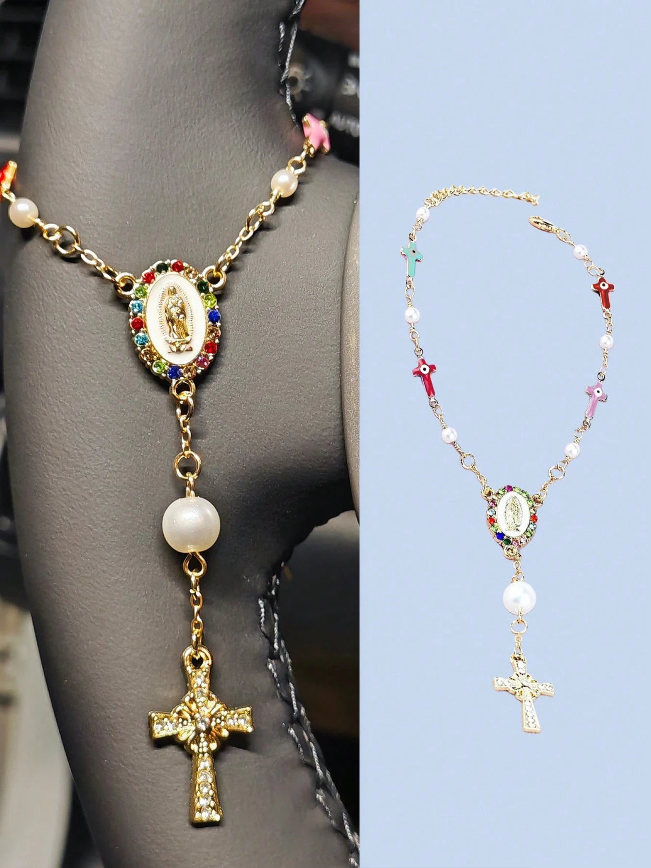 1pc White/Pink Pearl Cross Steering Wheel Rosary, Virgin Mary Evil Eye Car Charm, Catholic Car Interior Hanging Ornament, Girly Auto Decor Gift For Women