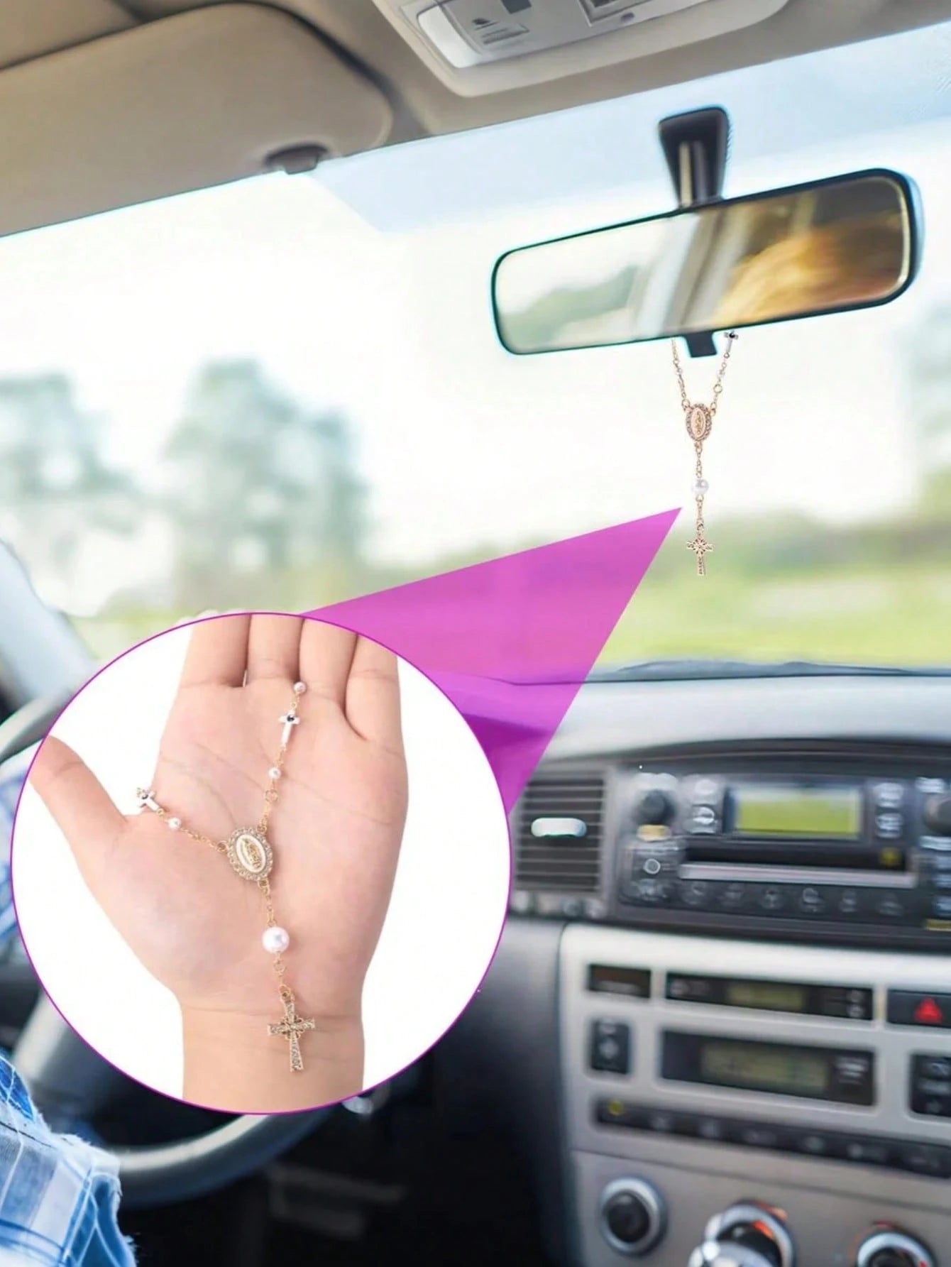 1pc White/Pink Pearl Cross Steering Wheel Rosary, Virgin Mary Evil Eye Car Charm, Catholic Car Interior Hanging Ornament, Girly Auto Decor Gift For Women