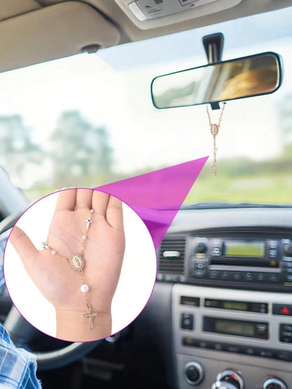 1pc White/Pink Pearl Cross Steering Wheel Rosary, Virgin Mary Evil Eye Car Charm, Catholic Car Interior Hanging Ornament, Girly Auto Decor Gift For Women