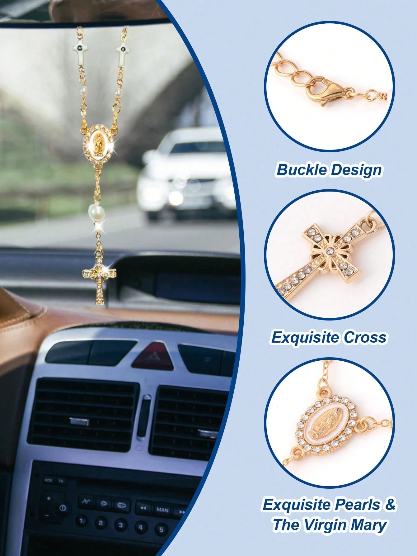1pc White/Pink Pearl Cross Steering Wheel Rosary, Virgin Mary Evil Eye Car Charm, Catholic Car Interior Hanging Ornament, Girly Auto Decor Gift For Women
