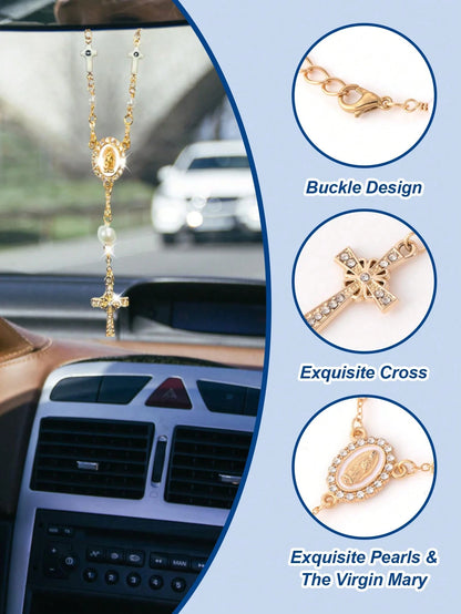 1pc White/Pink Pearl Cross Steering Wheel Rosary, Virgin Mary Evil Eye Car Charm, Catholic Car Interior Hanging Ornament, Girly Auto Decor Gift For Women