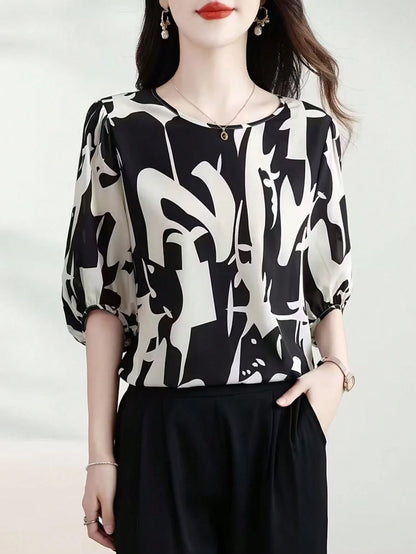 1pc Women's Fashionable Elegant Casual Minimalist Mid-Sleeve Round Neck Printed Blouse, Suitable For Daily Wear And Vacation, Spring/Summer/Autumn