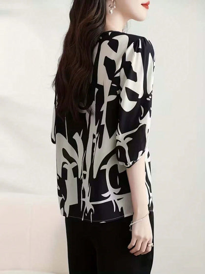 1pc Women's Fashionable Elegant Casual Minimalist Mid-Sleeve Round Neck Printed Blouse, Suitable For Daily Wear And Vacation, Spring/Summer/Autumn