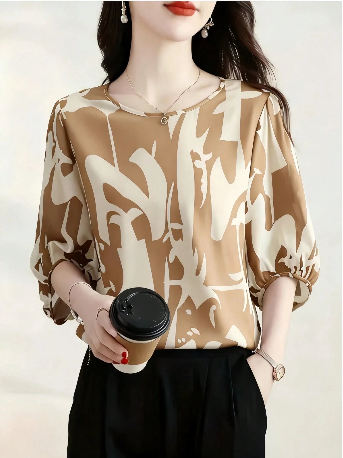1pc Women's Fashionable Elegant Casual Minimalist Mid-Sleeve Round Neck Printed Blouse, Suitable For Daily Wear And Vacation, Spring/Summer/Autumn