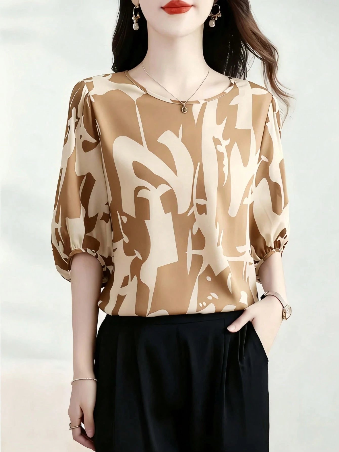 1pc Women's Fashionable Elegant Casual Minimalist Mid-Sleeve Round Neck Printed Blouse, Suitable For Daily Wear And Vacation, Spring/Summer/Autumn