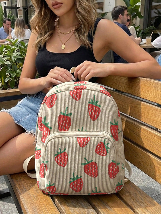 1PC Women's Mini Backpack, Corduroy Girls School Bag, Travel Storage Bag, Strawberry Print, Large Capacity, Foldable & Easy To Store, Lightweight & Pressure-Relieving, Multi-Pocket Layered Design With