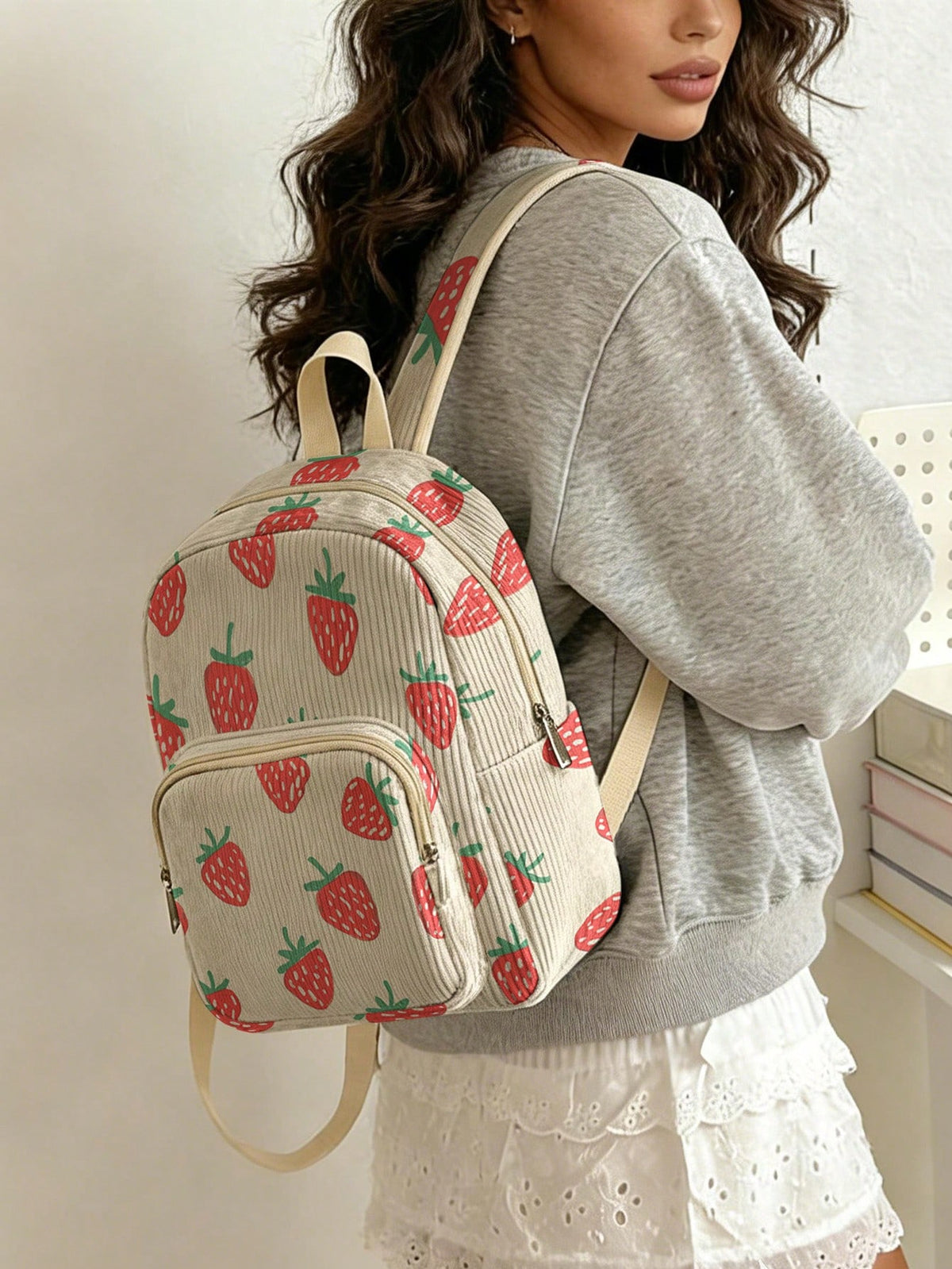1PC Women's Mini Backpack, Corduroy Girls School Bag, Travel Storage Bag, Strawberry Print, Large Capacity, Foldable & Easy To Store, Lightweight & Pressure-Relieving, Multi-Pocket Layered Design With