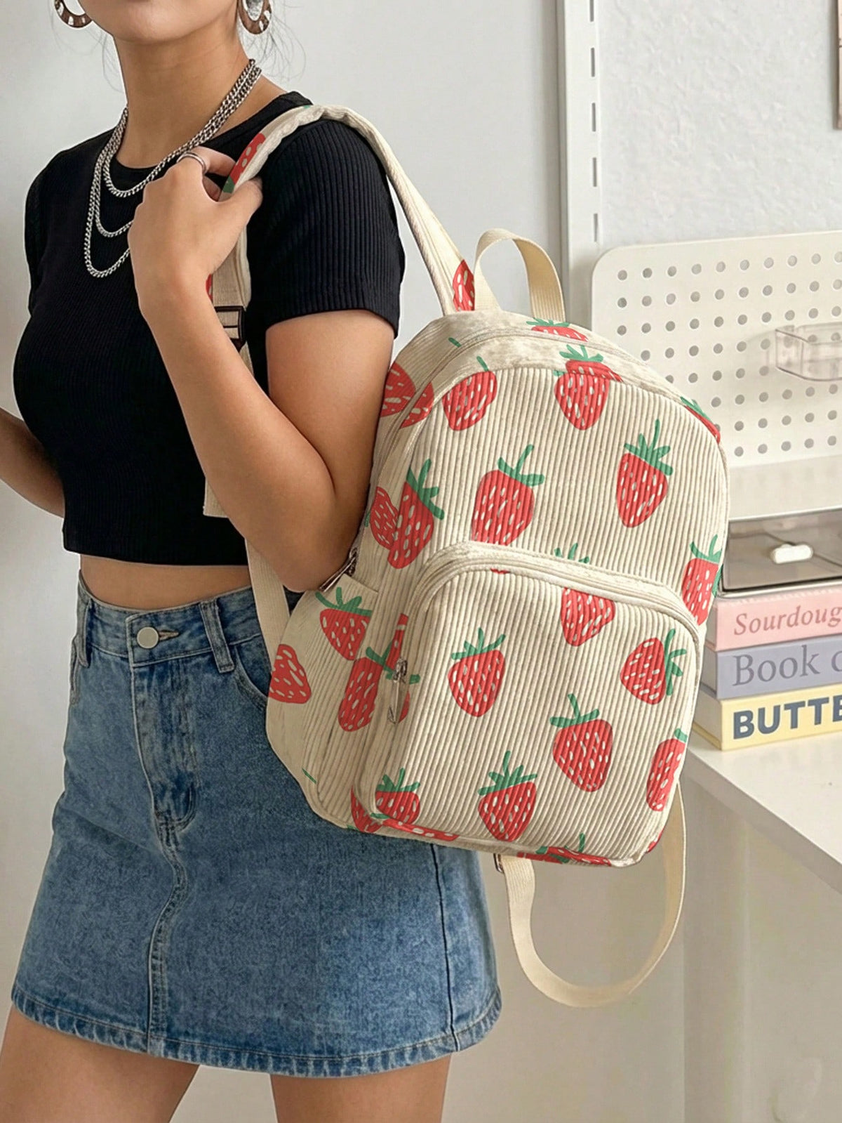 1PC Women's Mini Backpack, Corduroy Girls School Bag, Travel Storage Bag, Strawberry Print, Large Capacity, Foldable & Easy To Store, Lightweight & Pressure-Relieving, Multi-Pocket Layered Design With