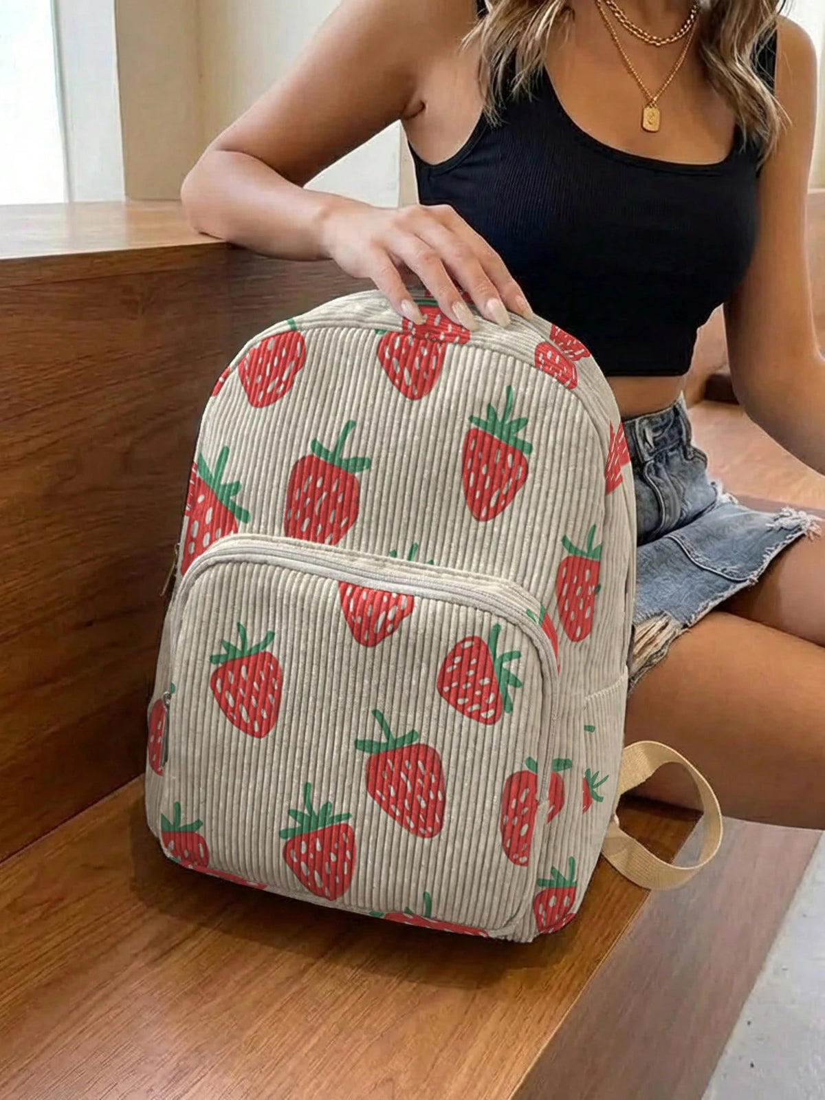 1PC Women's Mini Backpack, Corduroy Girls School Bag, Travel Storage Bag, Strawberry Print, Large Capacity, Foldable & Easy To Store, Lightweight & Pressure-Relieving, Multi-Pocket Layered Design With