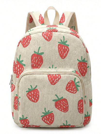 1PC Women's Mini Backpack, Corduroy Girls School Bag, Travel Storage Bag, Strawberry Print, Large Capacity, Foldable & Easy To Store, Lightweight & Pressure-Relieving, Multi-Pocket Layered Design With