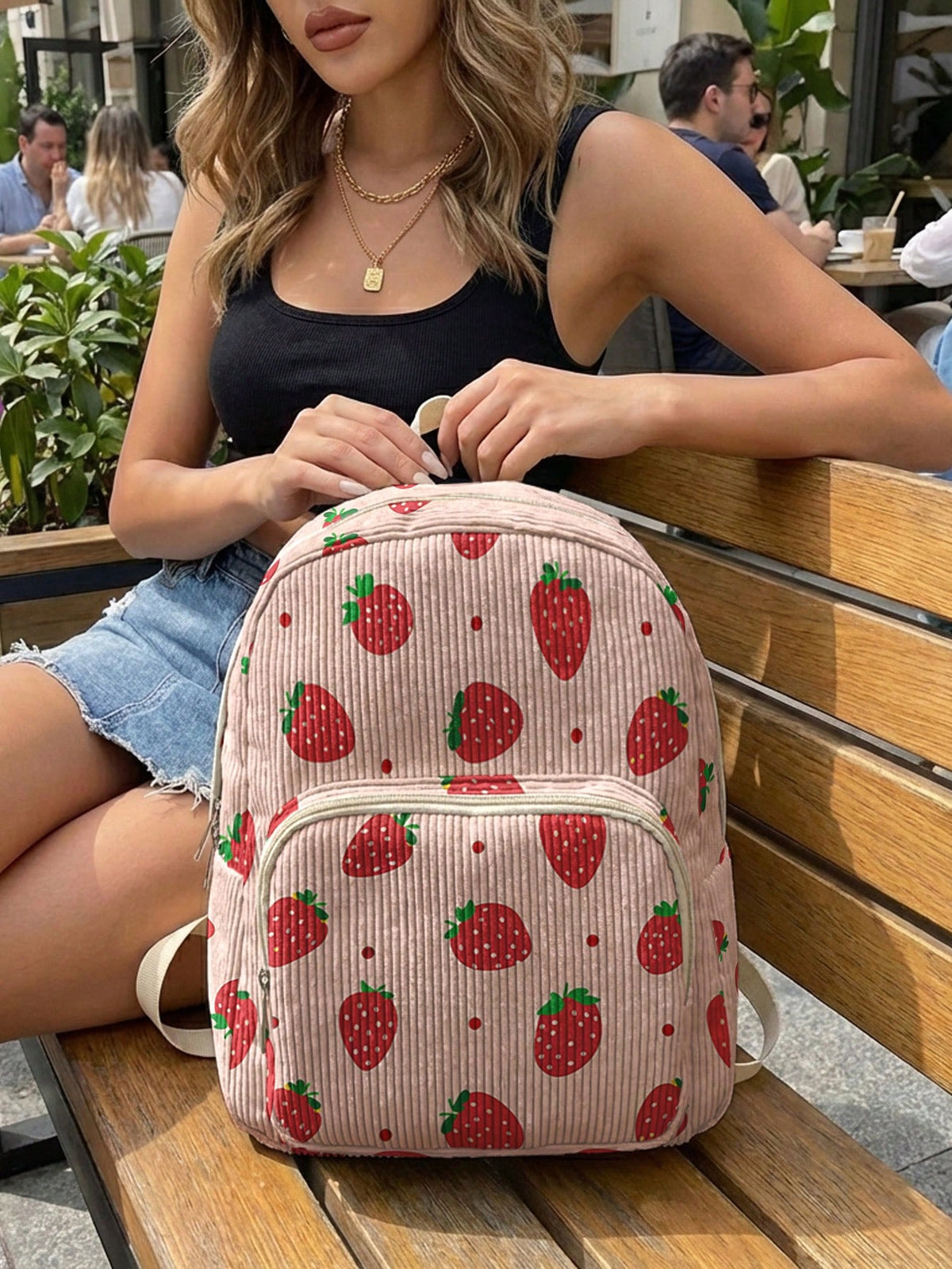 1PC Women's Mini Backpack, Corduroy Girls School Bag, Travel Storage Bag, Strawberry Print, Large Capacity, Foldable & Easy To Store, Lightweight & Pressure-Relieving, Multi-Pocket Layered Design With