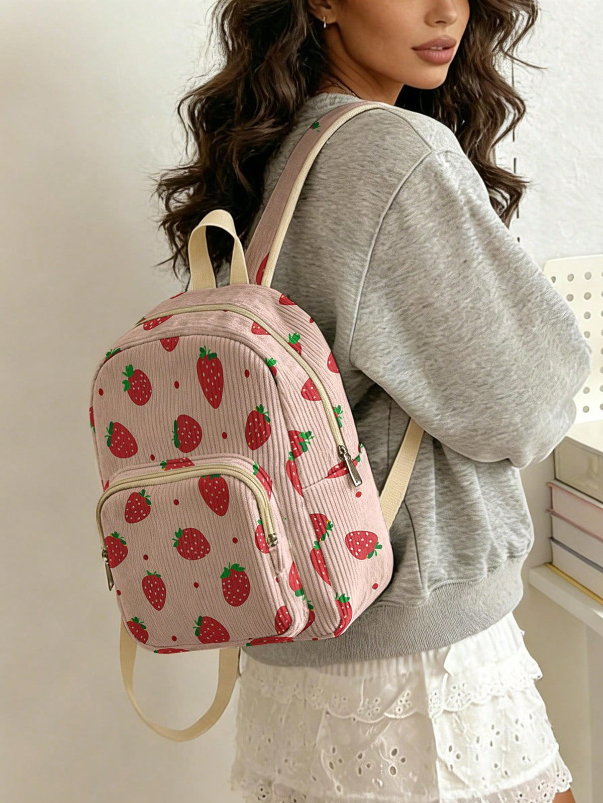 1PC Women's Mini Backpack, Corduroy Girls School Bag, Travel Storage Bag, Strawberry Print, Large Capacity, Foldable & Easy To Store, Lightweight & Pressure-Relieving, Multi-Pocket Layered Design With