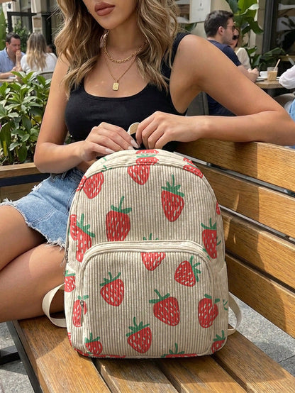 1PC Women's Mini Backpack, Corduroy Girls School Bag, Travel Storage Bag, Strawberry Print, Large Capacity, Foldable & Easy To Store, Lightweight & Pressure-Relieving, Multi-Pocket Layered Design With