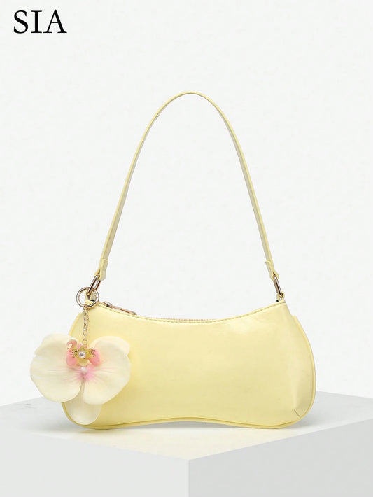 1pc Women's Vintage Minimalist Casual Metal Handle Decorated Faux Straw Flower Multi-Ornament Large Capacity Crescent Handbag Suitable For Outings, Dates, Commuting, Vacation