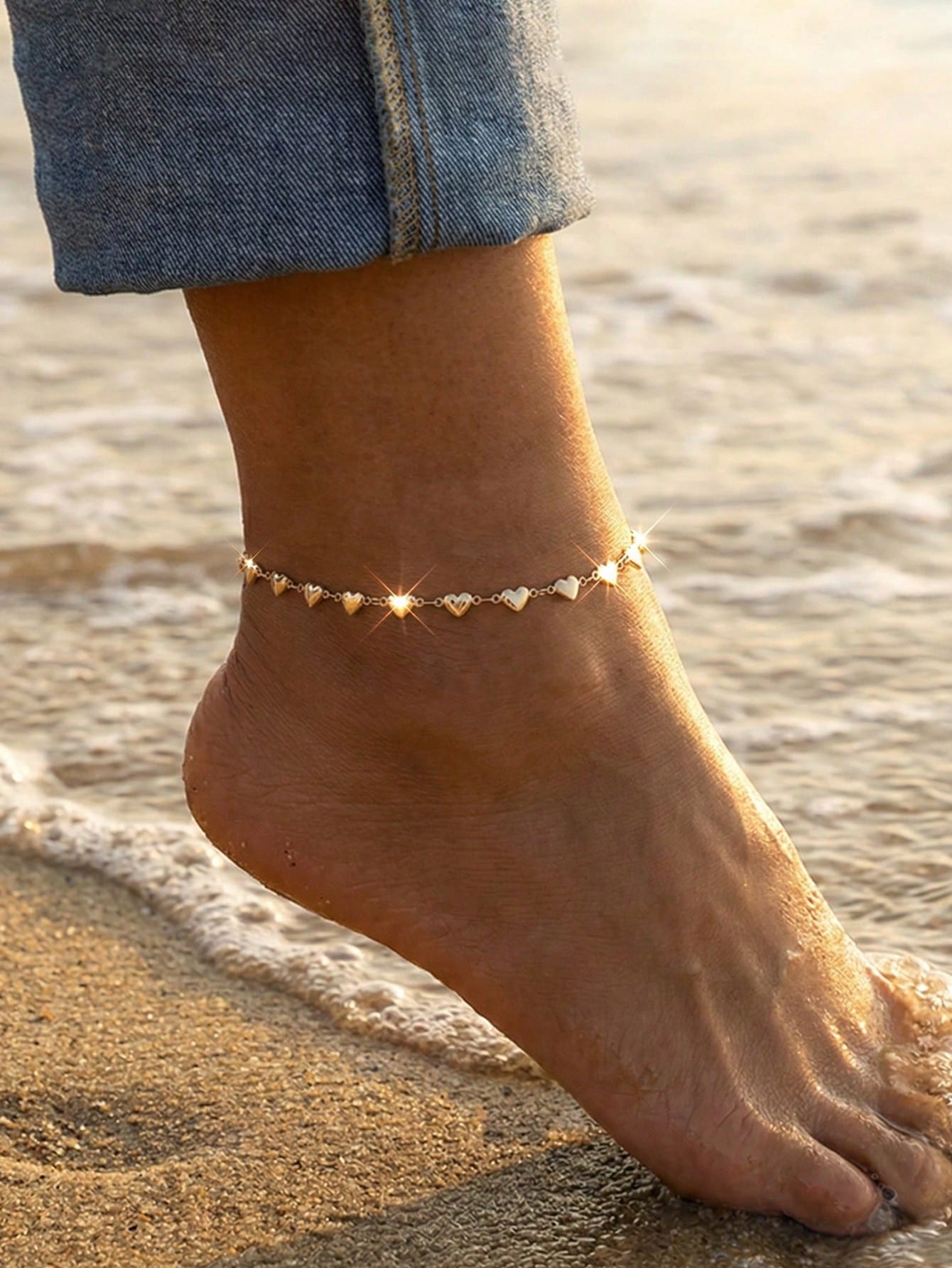 1pc Women's Waterproof Stainless Steel Heart-Shaped Anklet, 18K Gold Plated, Anti-Oxidation, Romantic Valentine's Day Gift For Girlfriend