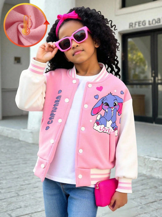 1pc Young Girl Autumn/Winter Colorblock Collar Cuffs Ribbed Sleeve Cartoon Print Front Zip Casual Safari Baseball Jacket Fashion Streetwear