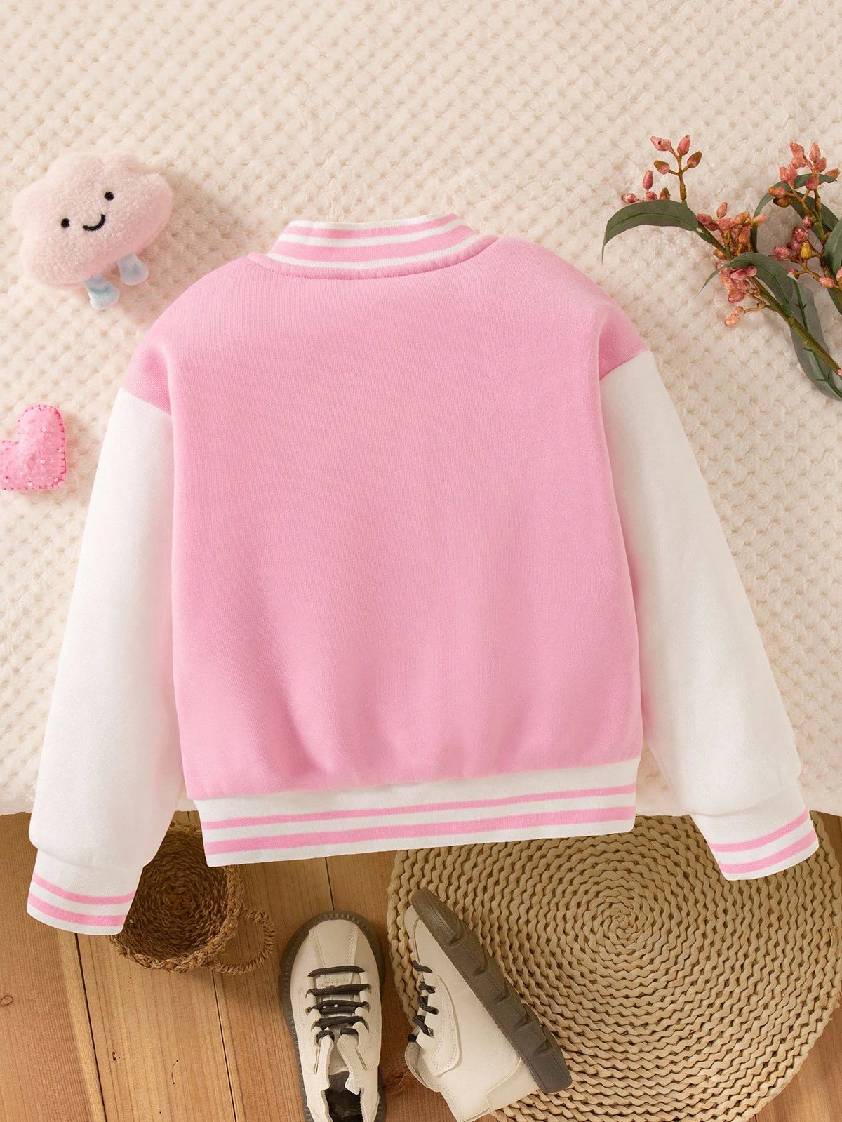 1pc Young Girl Autumn/Winter Colorblock Collar Cuffs Ribbed Sleeve Cartoon Print Front Zip Casual Safari Baseball Jacket Fashion Streetwear