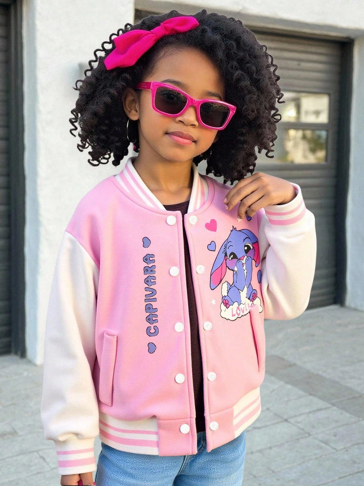 1pc Young Girl Autumn/Winter Colorblock Collar Cuffs Ribbed Sleeve Cartoon Print Front Zip Casual Safari Baseball Jacket Fashion Streetwear