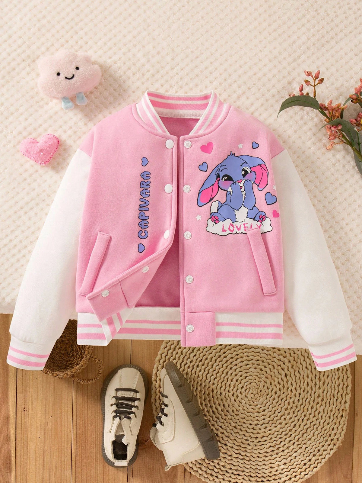 1pc Young Girl Autumn/Winter Colorblock Collar Cuffs Ribbed Sleeve Cartoon Print Front Zip Casual Safari Baseball Jacket Fashion Streetwear