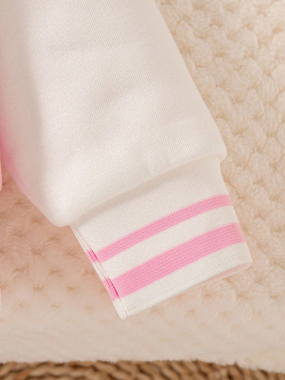 1pc Young Girl Autumn/Winter Colorblock Collar Cuffs Ribbed Sleeve Cartoon Print Front Zip Casual Safari Baseball Jacket Fashion Streetwear