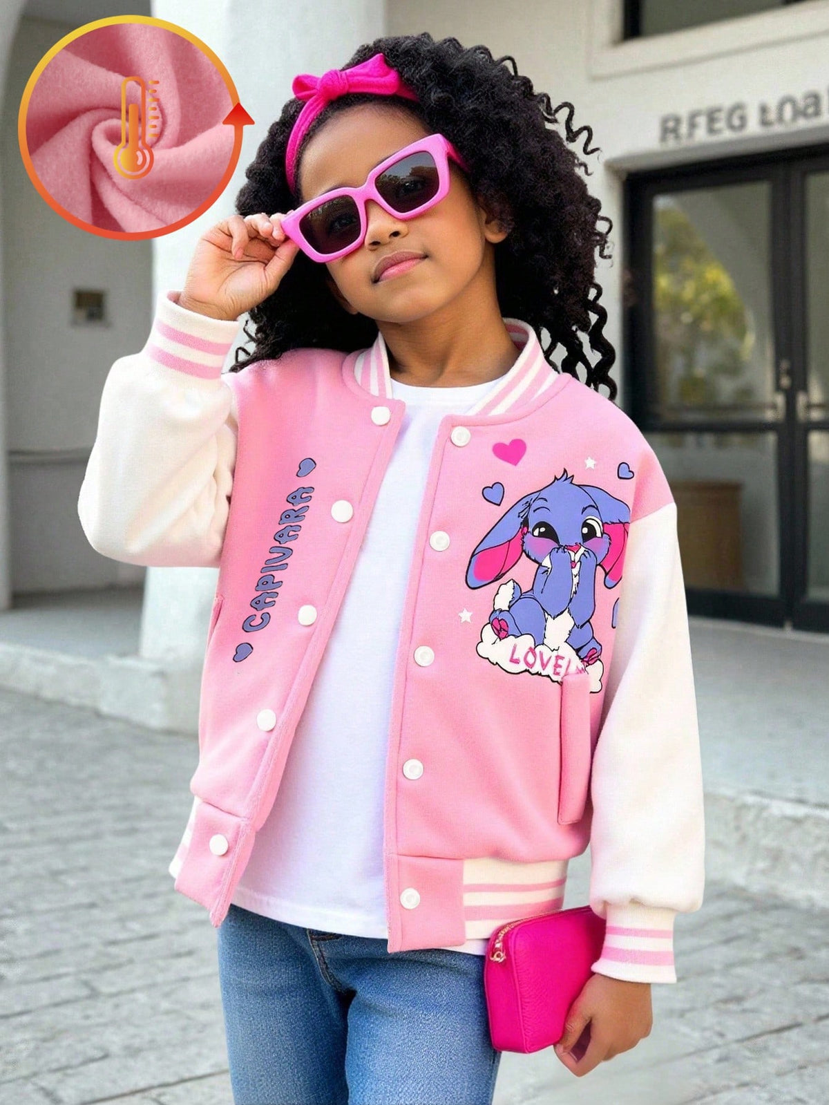 1pc Young Girl Autumn/Winter Colorblock Collar Cuffs Ribbed Sleeve Cartoon Print Front Zip Casual Safari Baseball Jacket Fashion Streetwear