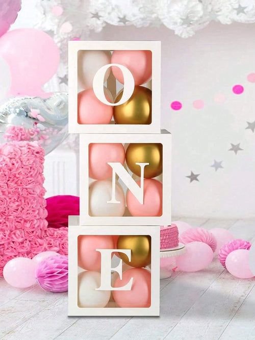 1st Birthday Decoration Set For Boys Or Girls, Includes 3 "ONE" Balloons Box, Transparent Building Blocks Spelling "ONE TWO THREE" Letters, Can Be Used As Photo Props, Cake Smash Backdrop. Balloons No