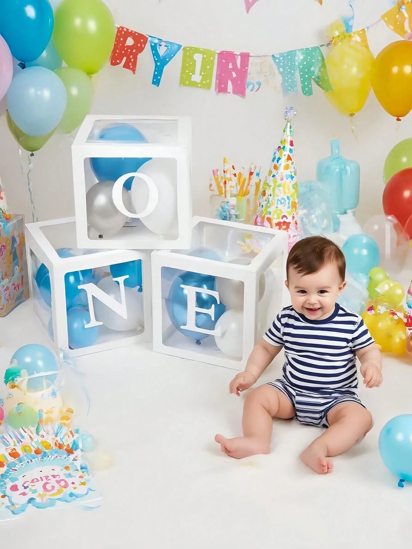 1st Birthday Decoration Set For Boys Or Girls, Includes 3 "ONE" Balloons Box, Transparent Building Blocks Spelling "ONE TWO THREE" Letters, Can Be Used As Photo Props, Cake Smash Backdrop. Balloons No