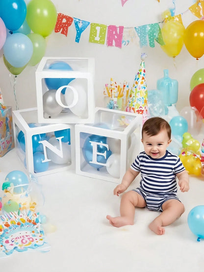 1st Birthday Decoration Set For Boys Or Girls, Includes 3 "ONE" Balloons Box, Transparent Building Blocks Spelling "ONE TWO THREE" Letters, Can Be Used As Photo Props, Cake Smash Backdrop. Balloons No