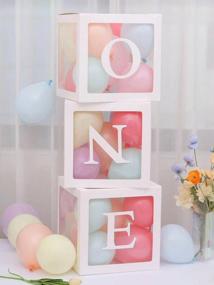 1st Birthday Decoration Set For Boys Or Girls, Includes 3 "ONE" Balloons Box, Transparent Building Blocks Spelling "ONE TWO THREE" Letters, Can Be Used As Photo Props, Cake Smash Backdrop. Balloons No