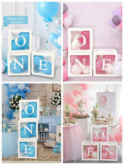 1st Birthday Decoration Set For Boys Or Girls, Includes 3 "ONE" Balloons Box, Transparent Building Blocks Spelling "ONE TWO THREE" Letters, Can Be Used As Photo Props, Cake Smash Backdrop. Balloons No