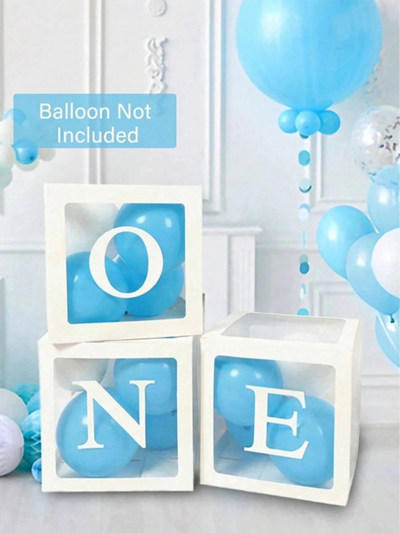 1st Birthday Decoration Set For Boys Or Girls, Includes 3 "ONE" Balloons Box, Transparent Building Blocks Spelling "ONE TWO THREE" Letters, Can Be Used As Photo Props, Cake Smash Backdrop. Balloons No