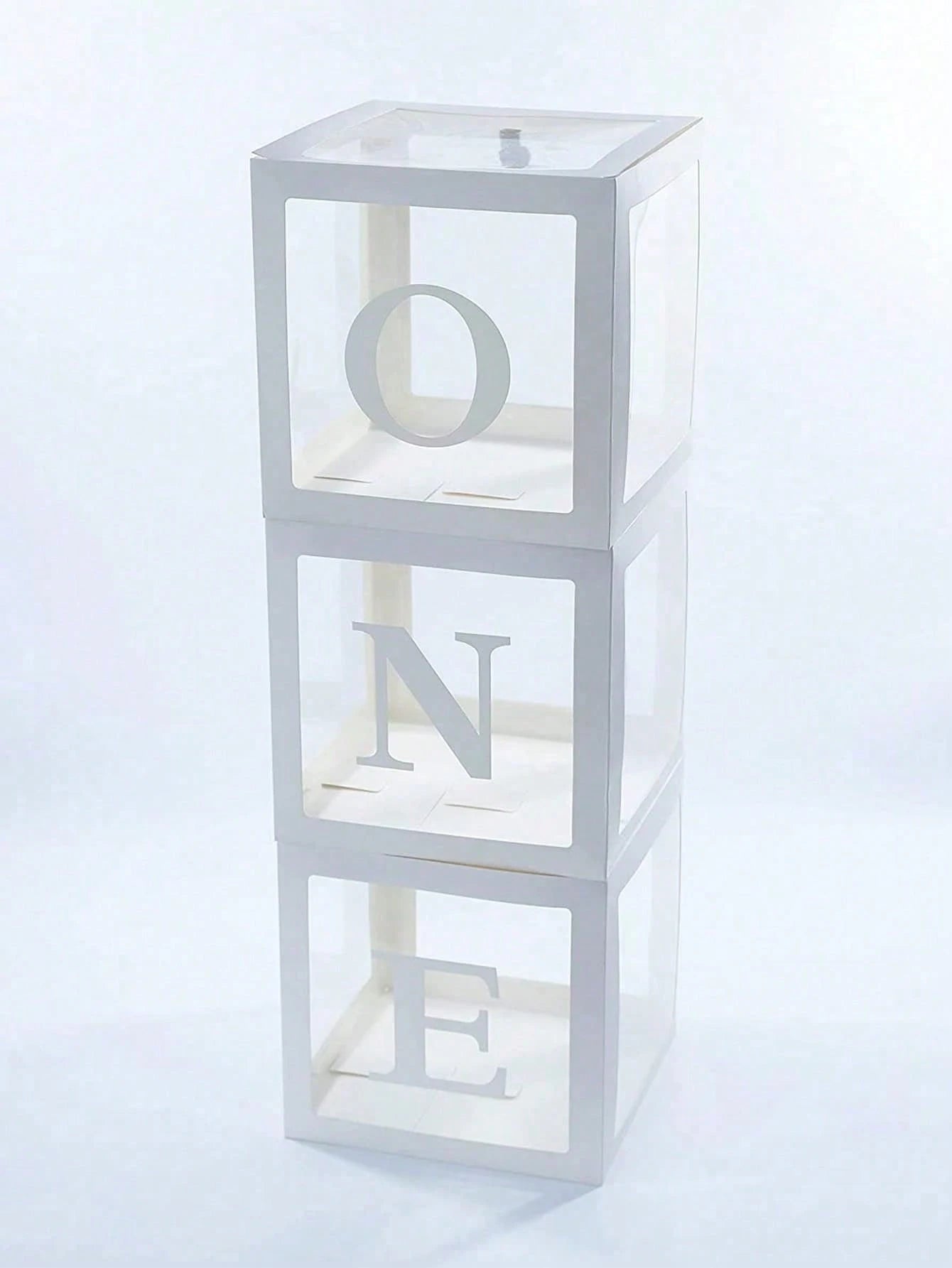 1st Birthday Decoration Set For Boys Or Girls, Includes 3 "ONE" Balloons Box, Transparent Building Blocks Spelling "ONE TWO THREE" Letters, Can Be Used As Photo Props, Cake Smash Backdrop. Balloons No