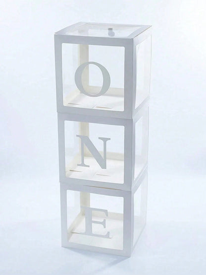 1st Birthday Decoration Set For Boys Or Girls, Includes 3 "ONE" Balloons Box, Transparent Building Blocks Spelling "ONE TWO THREE" Letters, Can Be Used As Photo Props, Cake Smash Backdrop. Balloons No
