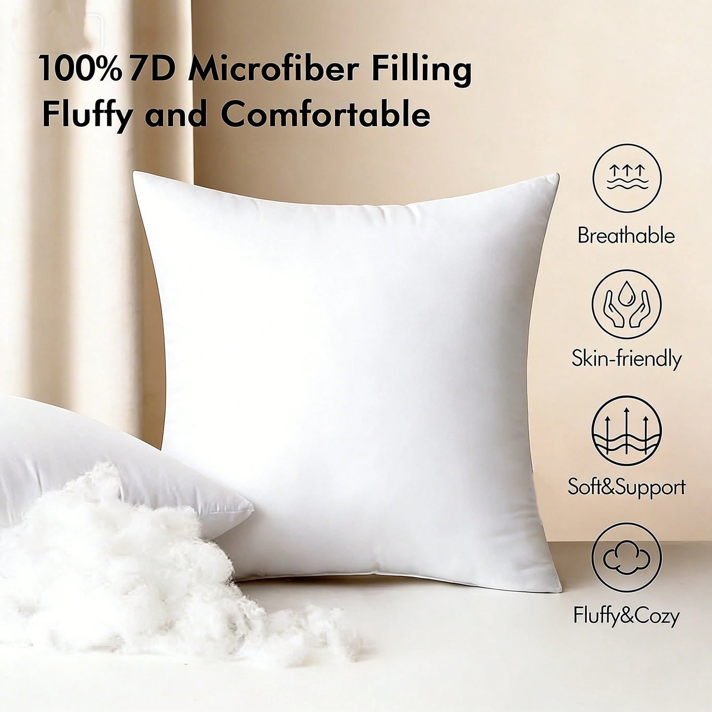 2/4-Piece Soft And Fluffy White Square Filler Pillow Inserts, Hypoallergenic 100% Fiber-Filled Core, Luxury Hotel Collection Standard, Machine Washable, Suitable For Living Room, Bedroom, Sofa Cushion