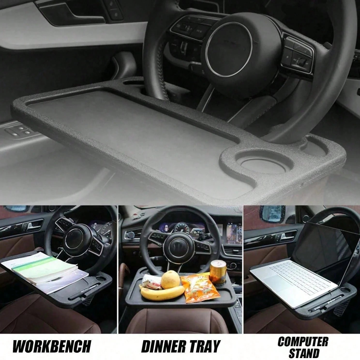 2 In 1 360° Rotatable Steering Wheel Tray, Black Universal Car Table With Cup Holder, Multipurpose Auto Dining & Laptop Tray, Practical Travel Accessory For SUV, Truck And RV