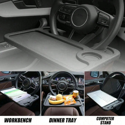 2 In 1 360° Rotatable Steering Wheel Tray, Black Universal Car Table With Cup Holder, Multipurpose Auto Dining & Laptop Tray, Practical Travel Accessory For SUV, Truck And RV