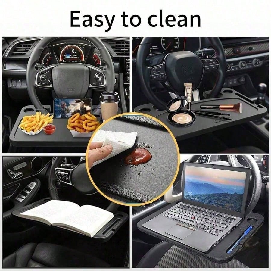 2 In 1 360° Rotatable Steering Wheel Tray, Black Universal Car Table With Cup Holder, Multipurpose Auto Dining & Laptop Tray, Practical Travel Accessory For SUV, Truck And RV