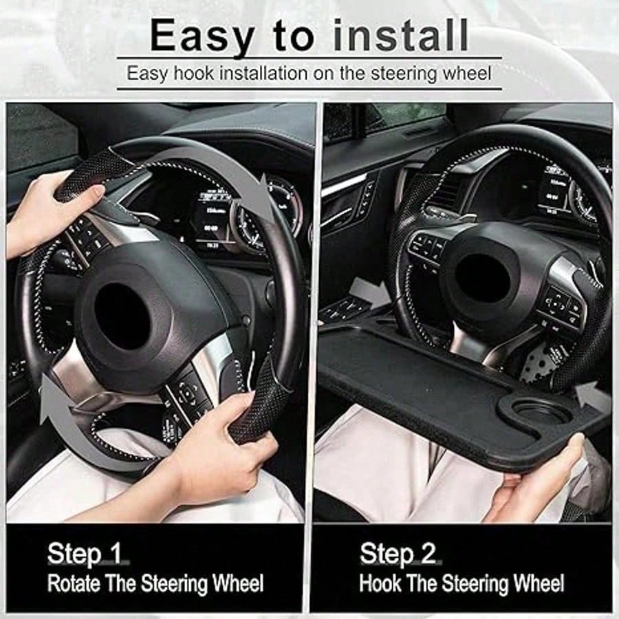 2 In 1 360° Rotatable Steering Wheel Tray, Black Universal Car Table With Cup Holder, Multipurpose Auto Dining & Laptop Tray, Practical Travel Accessory For SUV, Truck And RV