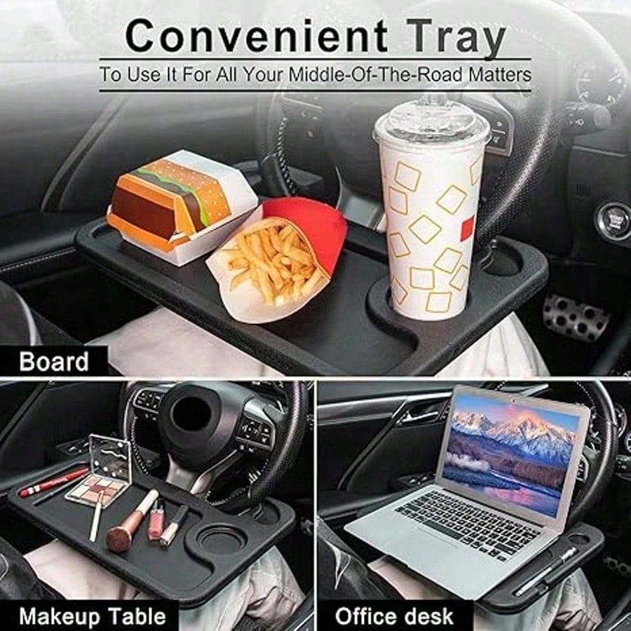 2 In 1 360° Rotatable Steering Wheel Tray, Black Universal Car Table With Cup Holder, Multipurpose Auto Dining & Laptop Tray, Practical Travel Accessory For SUV, Truck And RV